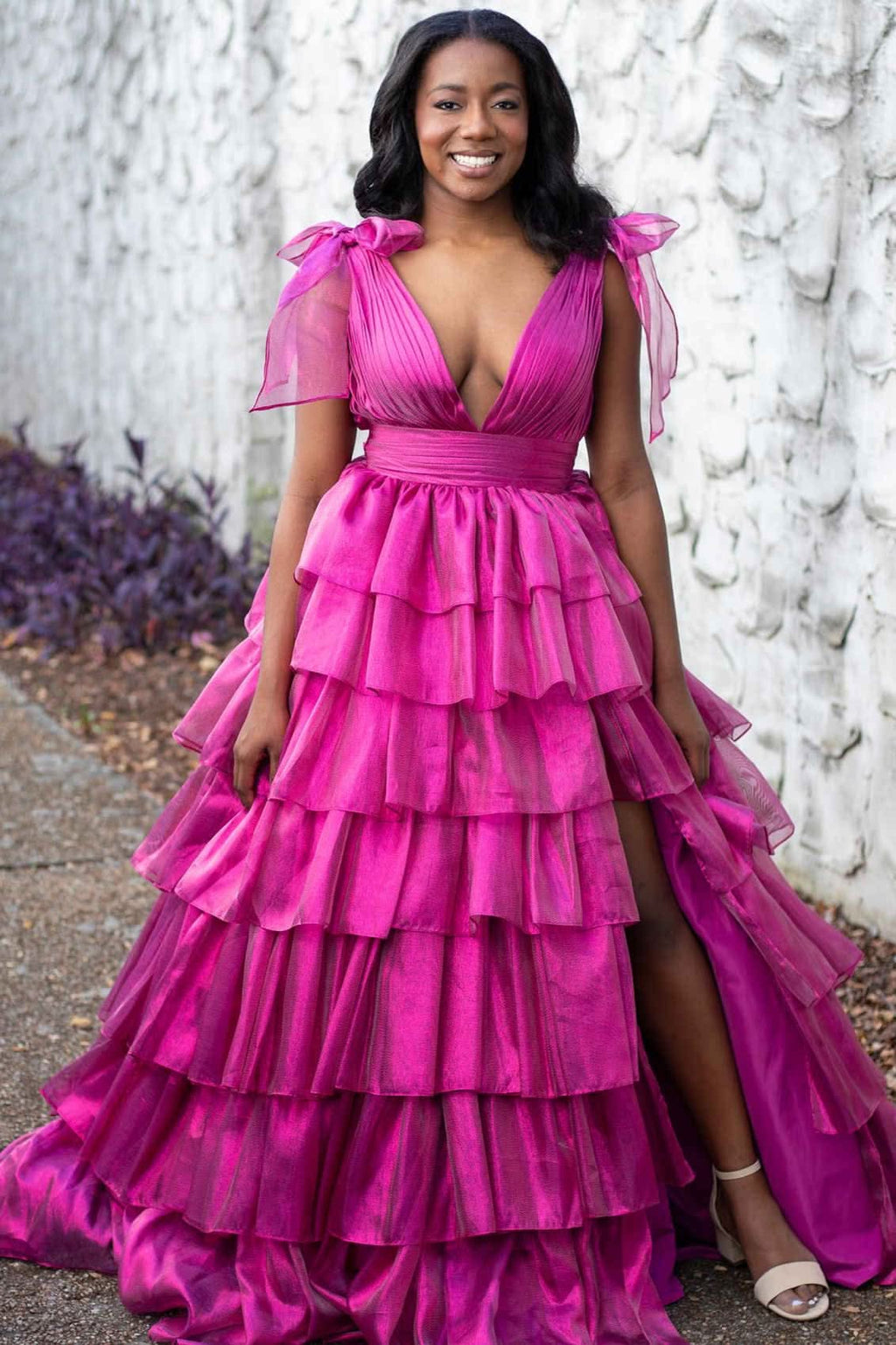 Glamorous Glitter Tie Straps Pink Plunging Neck Tiered Long Prom Dress BM bride