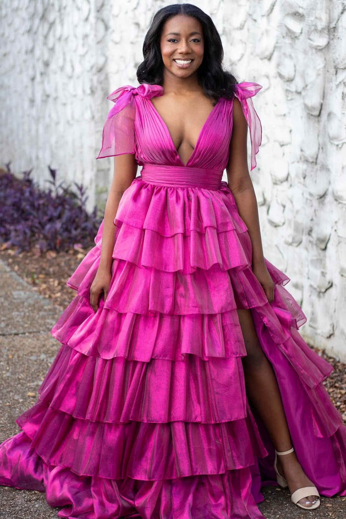 Glamorous Glitter Tie Straps Pink Plunging Neck Tiered Long Prom Dress BM bride