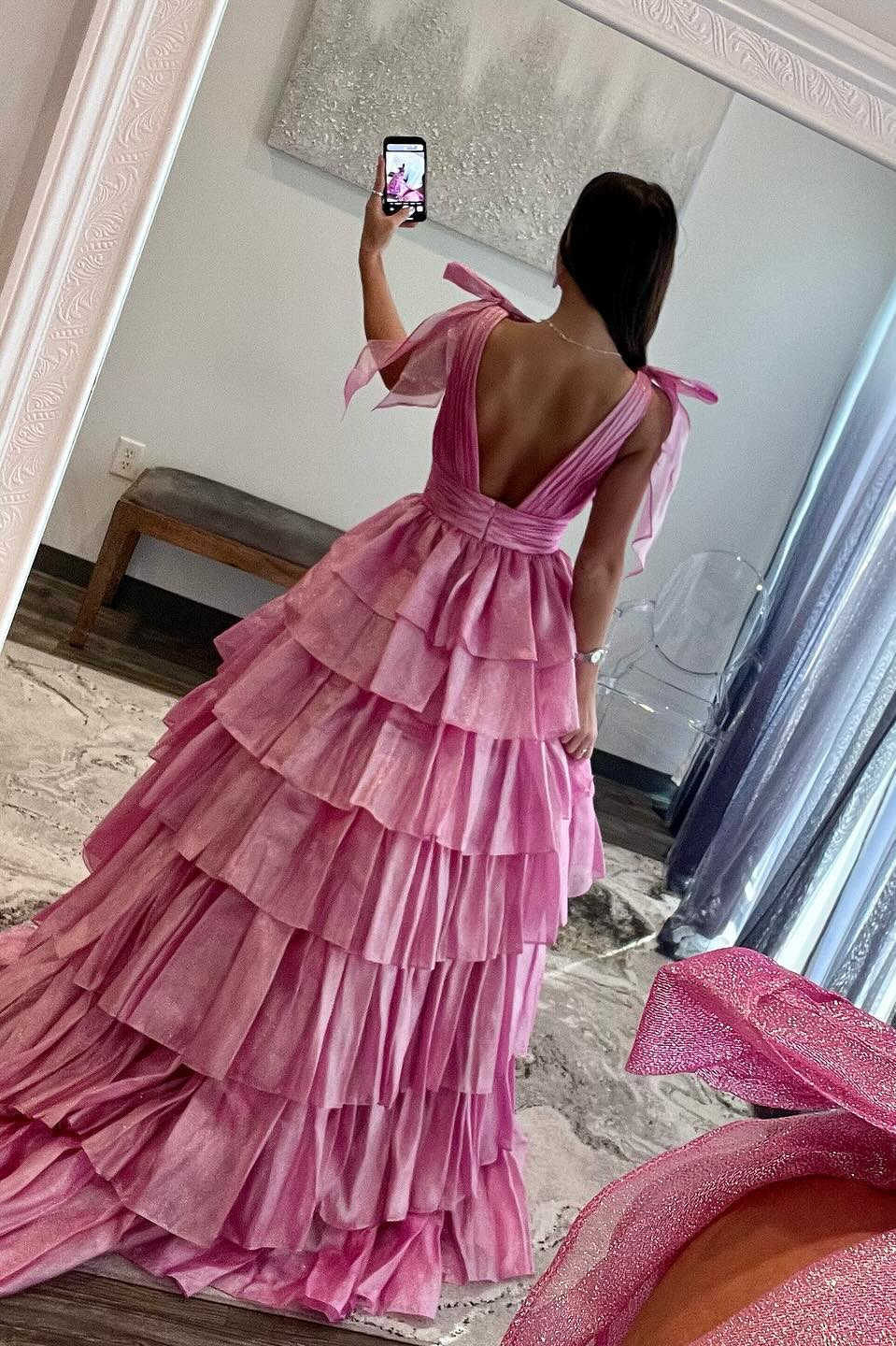 Glamorous Glitter Tie Straps Pink Plunging Neck Tiered Long Prom Dress BM bride