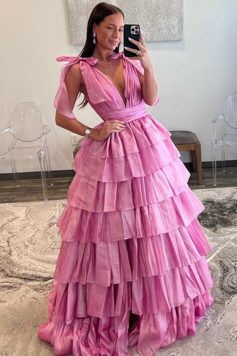 Glamorous Glitter Tie Straps Pink Plunging Neck Tiered Long Prom Dress BM bride
