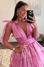 Glamorous Glitter Tie Straps Pink Plunging Neck Tiered Long Prom Dress BM bride