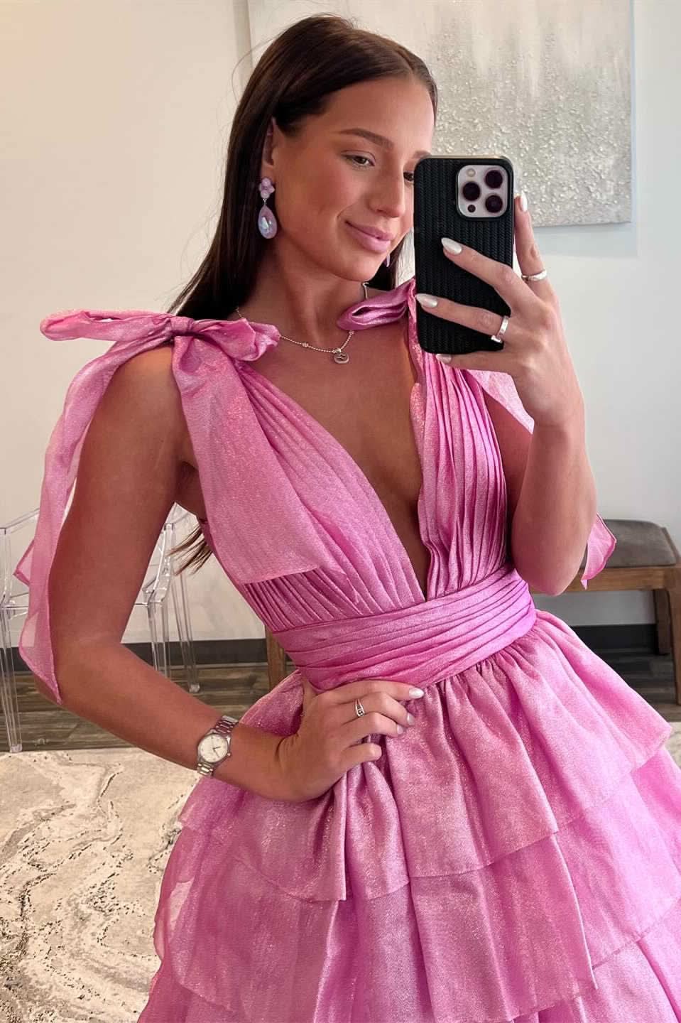 Glamorous Glitter Tie Straps Pink Plunging Neck Tiered Long Prom Dress BM bride