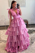 Glamorous Glitter Tie Straps Pink Plunging Neck Tiered Long Prom Dress BM bride