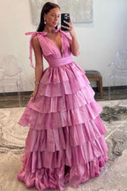 Glamorous Glitter Tie Straps Pink Plunging Neck Tiered Long Prom Dress BM bride