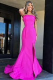 Bold Strapless Magenta Ruffle Mermaid Slit Long Prom Dress BM bride