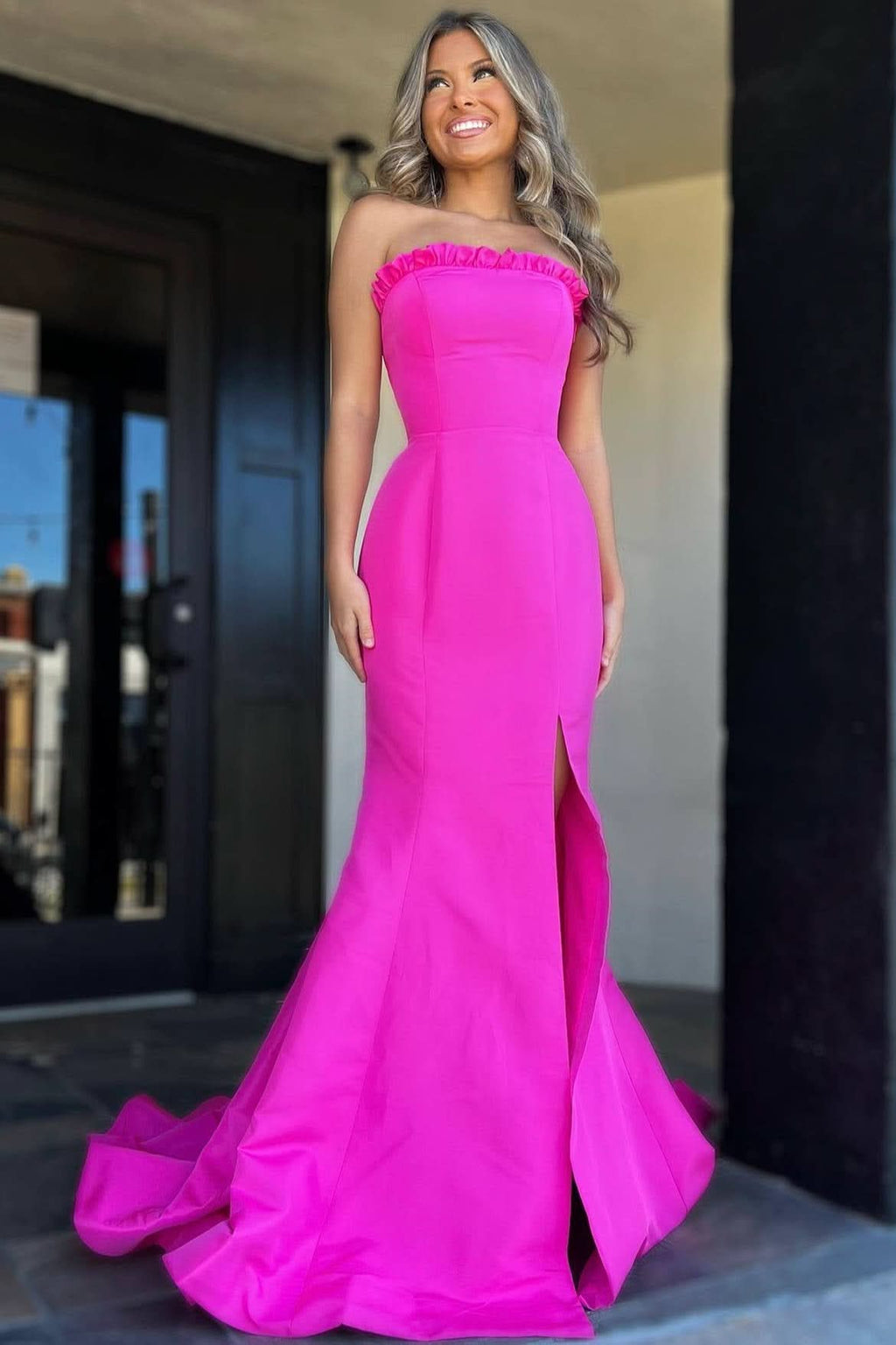 Bold Strapless Magenta Ruffle Mermaid Slit Long Prom Dress BM bride