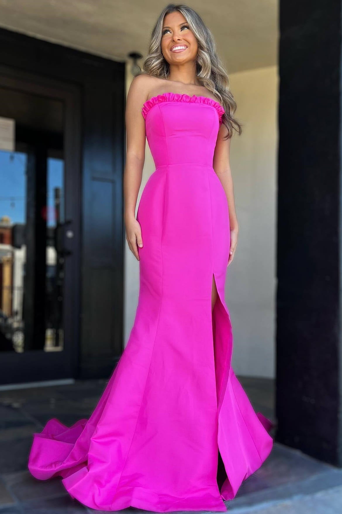 Bold Strapless Magenta Ruffle Mermaid Slit Long Prom Dress BM bride