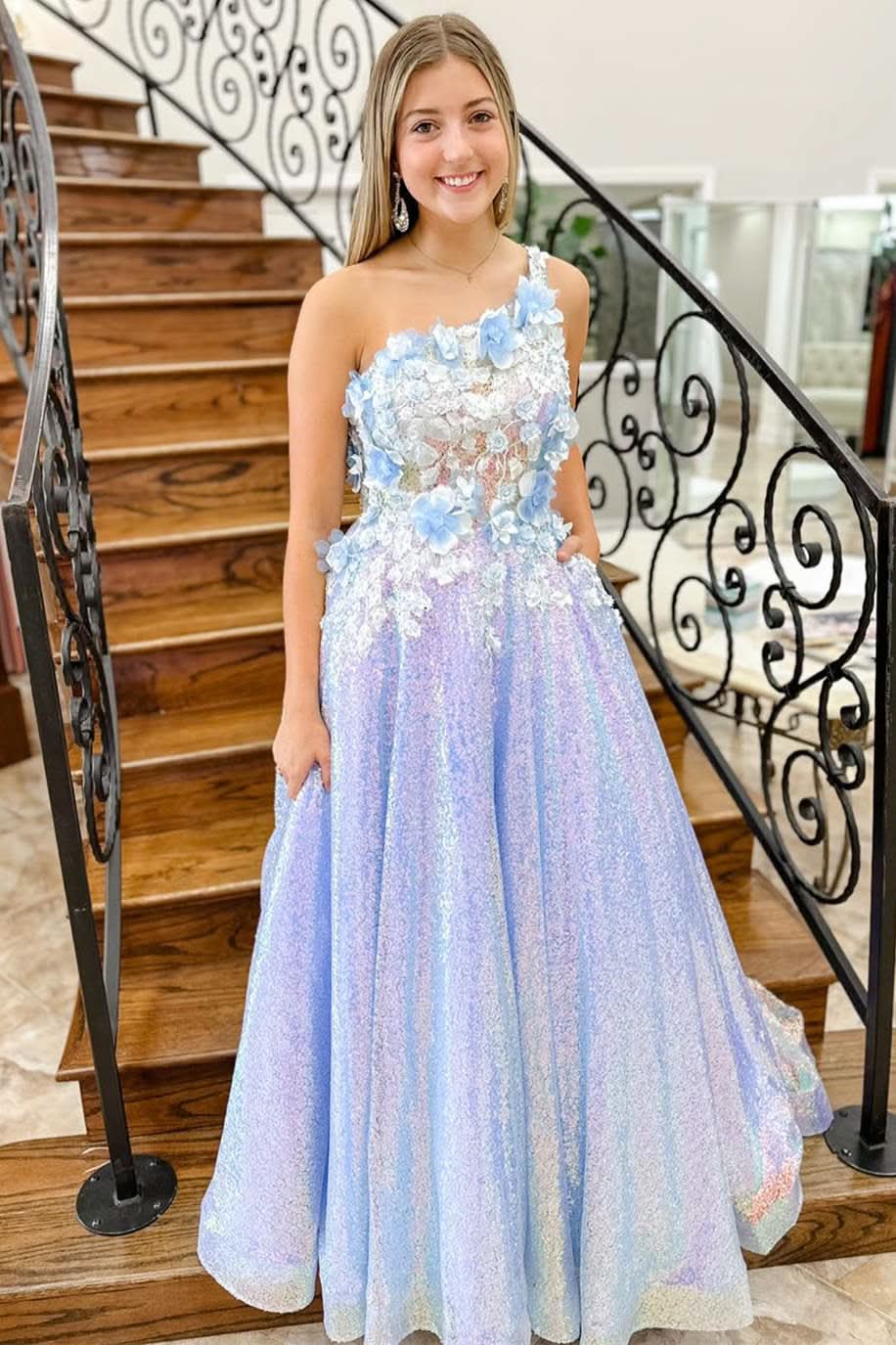 Lovely Lilac One-Shoulder 3D Flowers Sequin Long Formal Dress BM bride