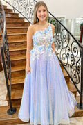Lovely Lilac One-Shoulder 3D Flowers Sequin Long Formal Dress BM bride
