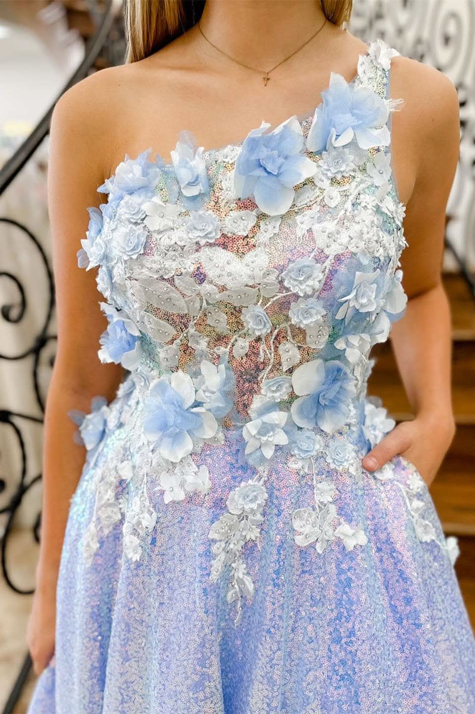 Lovely Lilac One-Shoulder 3D Flowers Sequin Long Formal Dress BM bride