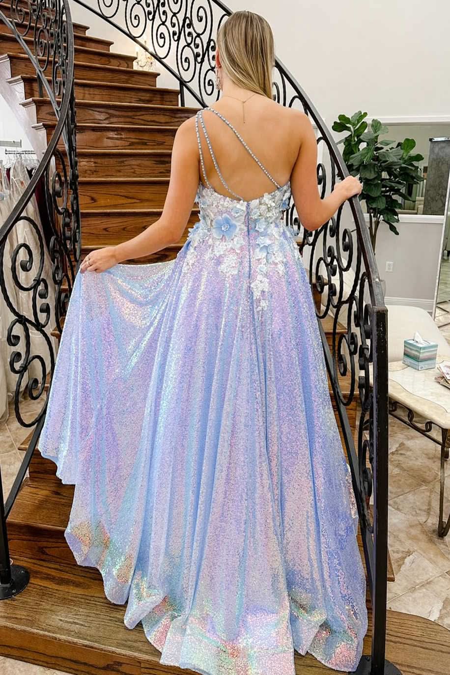 Lovely Lilac One-Shoulder 3D Flowers Sequin Long Formal Dress BM bride