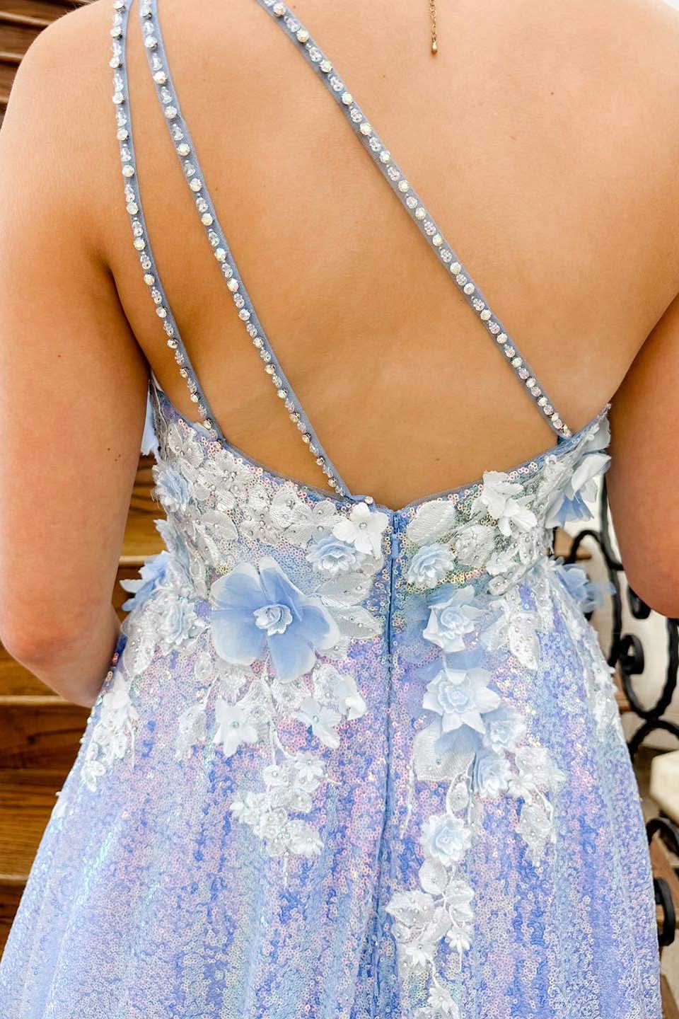 Lovely Lilac One-Shoulder 3D Flowers Sequin Long Formal Dress BM bride