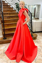 Stylish Red One Shoulder Bow Tie Satin Prom Dress with Pockets BM bride