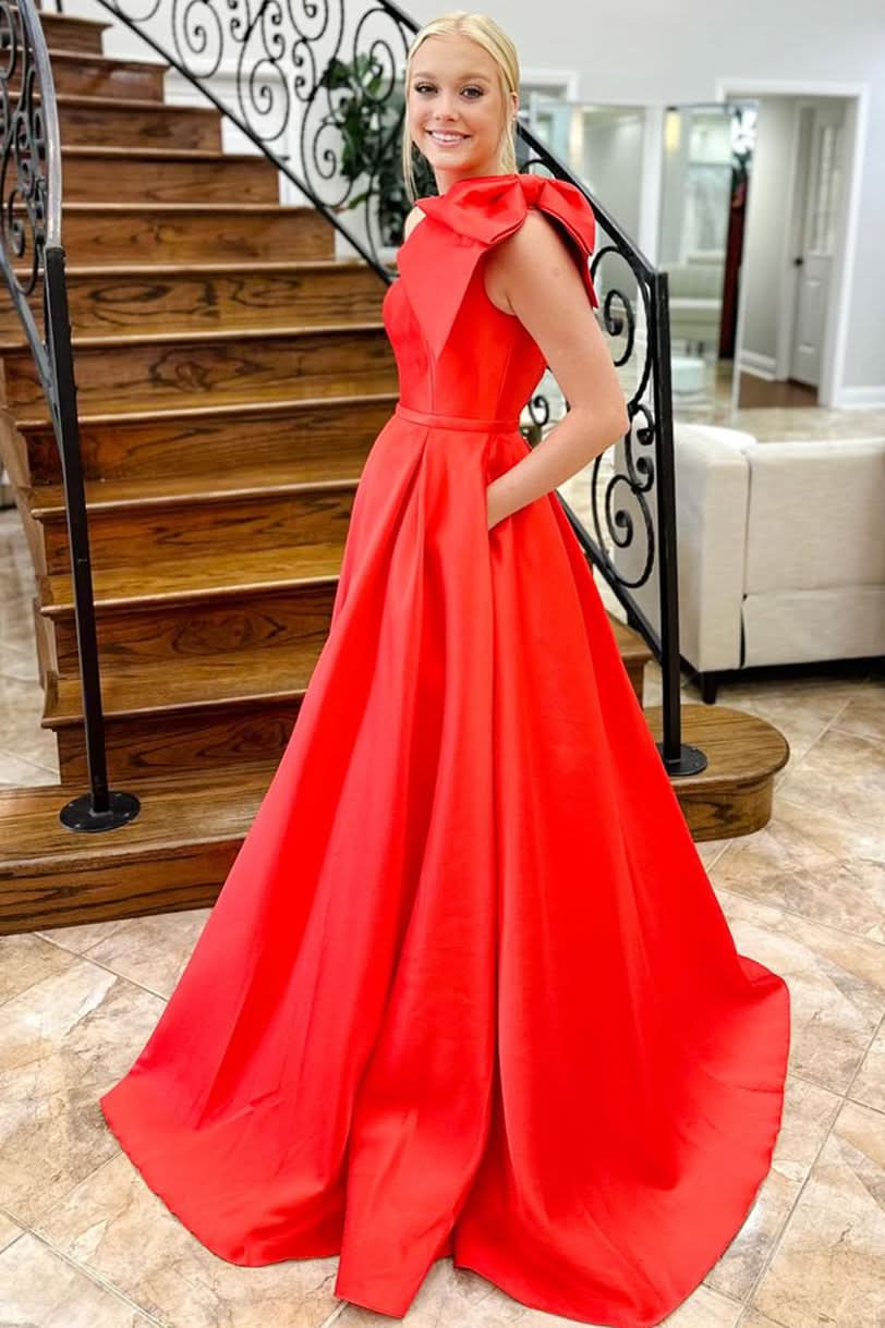 Stylish Red One Shoulder Bow Tie Satin Prom Dress with Pockets BM bride