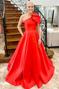 Stylish Red One Shoulder Bow Tie Satin Prom Dress with Pockets BM bride