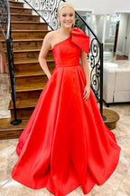 Stylish Red One Shoulder Bow Tie Satin Prom Dress with Pockets BM bride