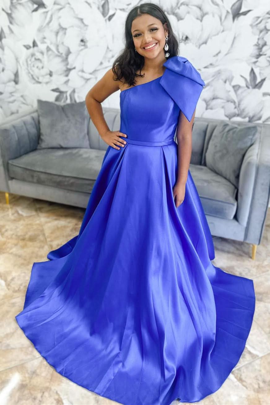 Stylish Red One Shoulder Bow Tie Satin Prom Dress with Pockets BM bride