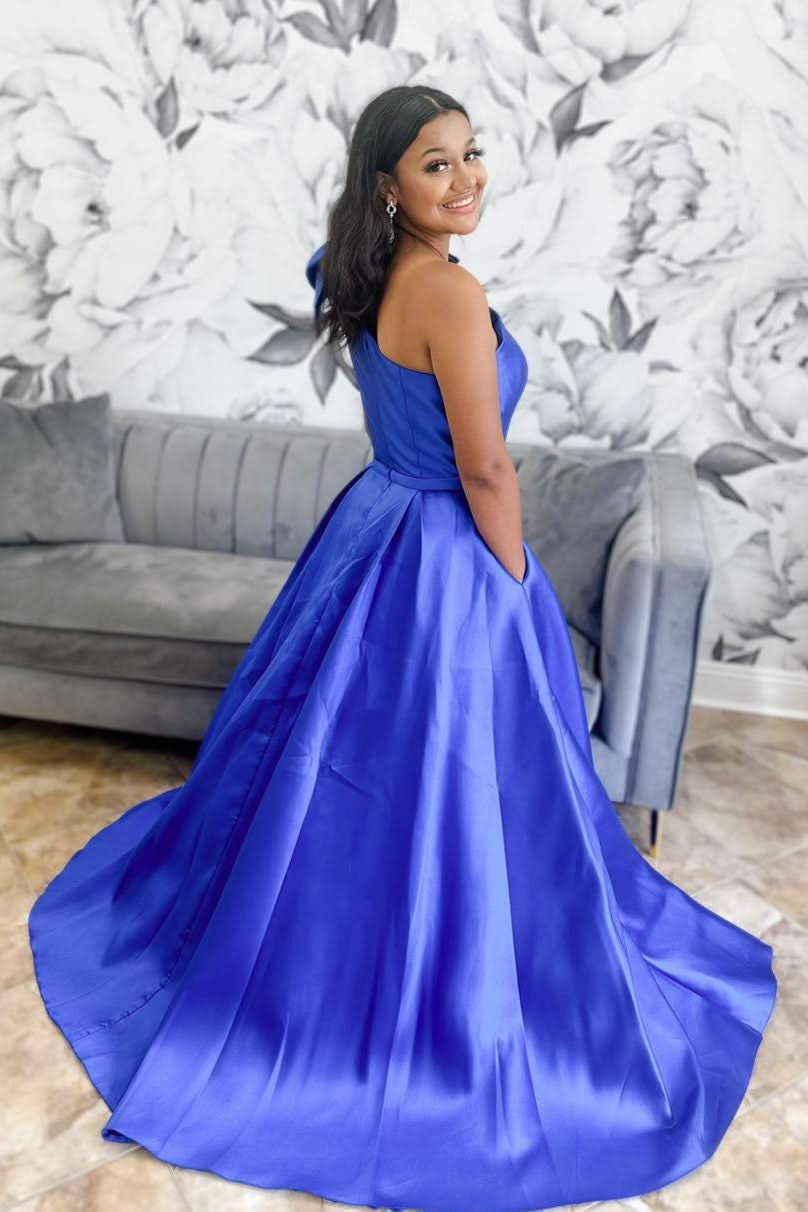 Stylish Red One Shoulder Bow Tie Satin Prom Dress with Pockets BM bride