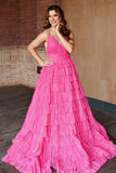 Lovely Pleated Magenta Straps Ruffle Layered Formal Dress BM bride