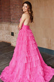 Lovely Pleated Magenta Straps Ruffle Layered Formal Dress BM bride