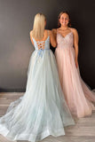 Beautiful V-Neck Lace-Up Appliques Tulle A-Line Prom Dress with Elegant Flow BM bride
