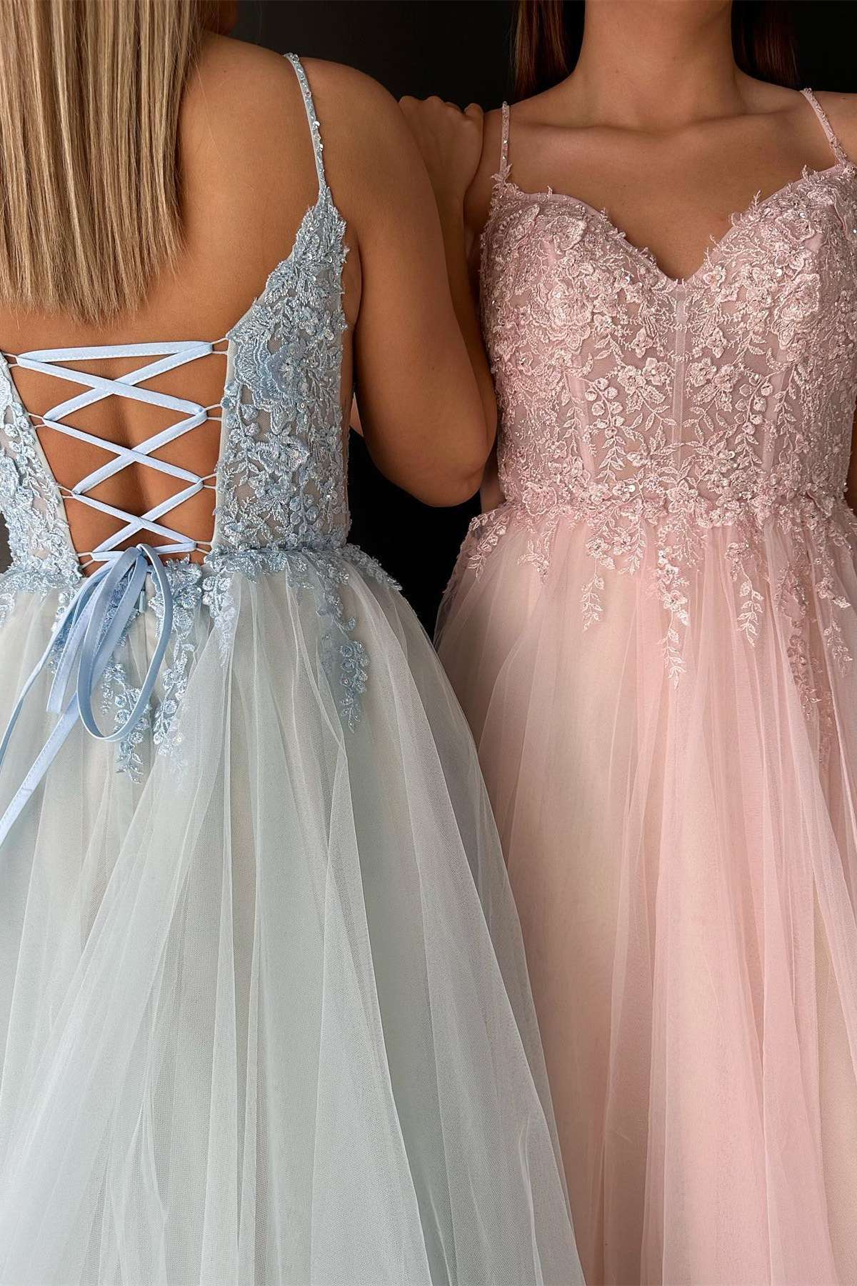 Beautiful V-Neck Lace-Up Appliques Tulle A-Line Prom Dress with Elegant Flow BM bride