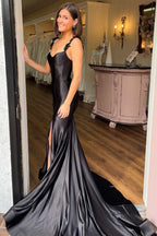 Alluring Black Straps Floral Mermaid Long Prom Dress with Eye-catching Details BM bride