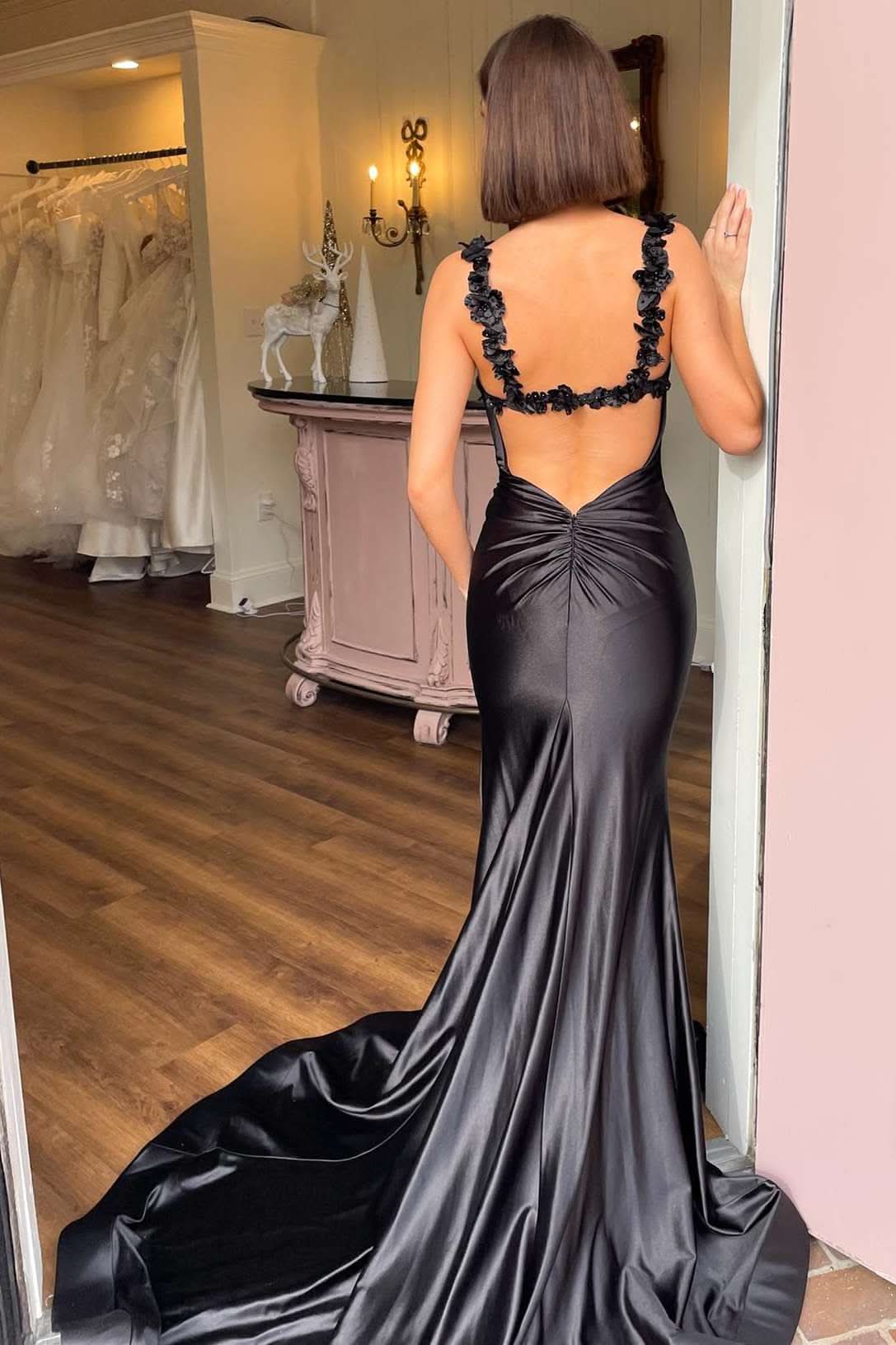 Alluring Black Straps Floral Mermaid Long Prom Dress with Eye-catching Details BM bride