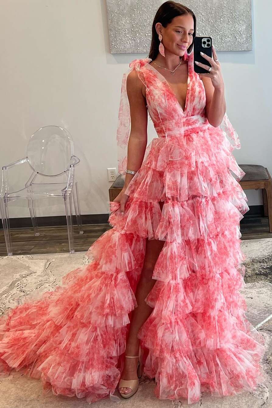 Delightful V-Neck Tie Straps Red Floral Print Layered Long Prom Dress BM bride