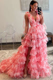 Delightful V-Neck Tie Straps Red Floral Print Layered Long Prom Dress BM bride