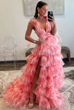Delightful V-Neck Tie Straps Red Floral Print Layered Long Prom Dress BM bride