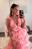 Delightful V-Neck Tie Straps Red Floral Print Layered Long Prom Dress BM bride