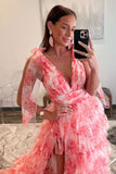 Delightful V-Neck Tie Straps Red Floral Print Layered Long Prom Dress BM bride