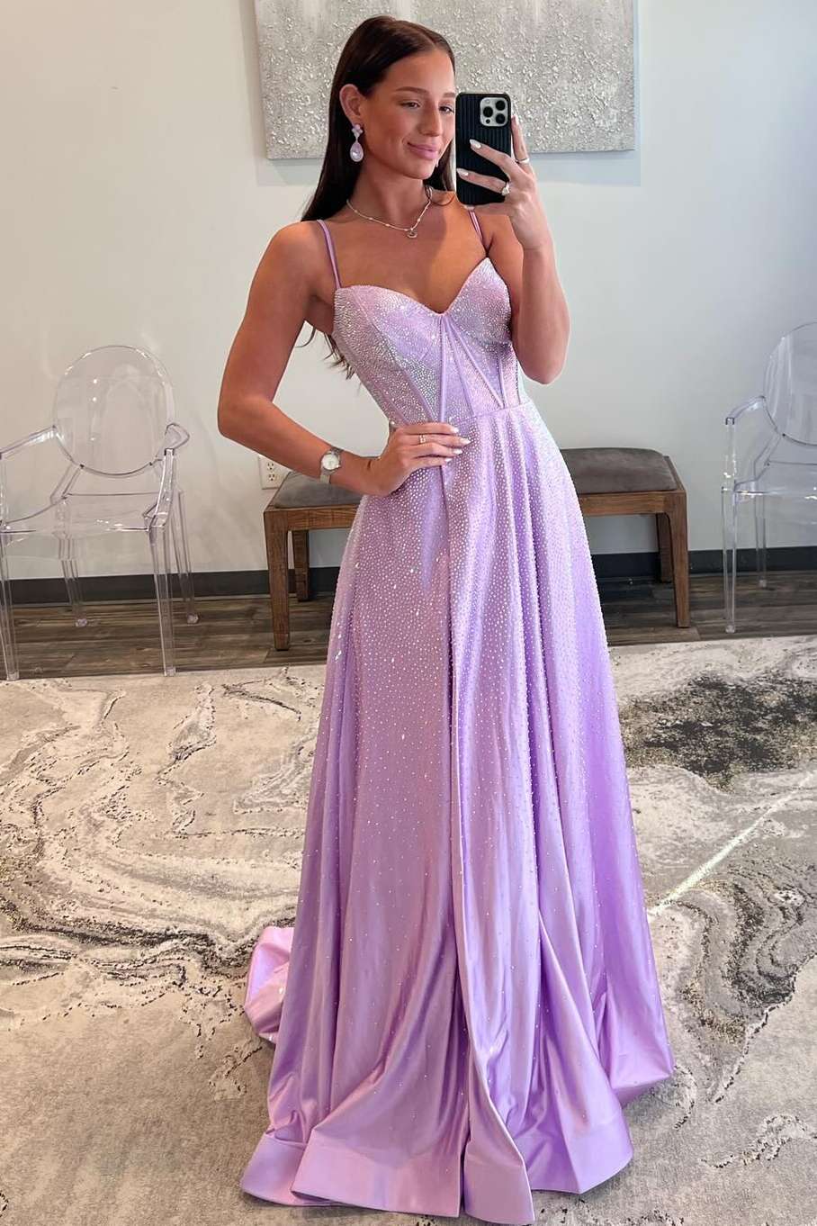 Stunning Strapless Lilac Corset A-Line Prom Dress with Rhinestones BM bride