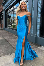 Exquisite Off-the-Shoulder Beaded Blue Mermaid Prom Dress with Slit BM bride