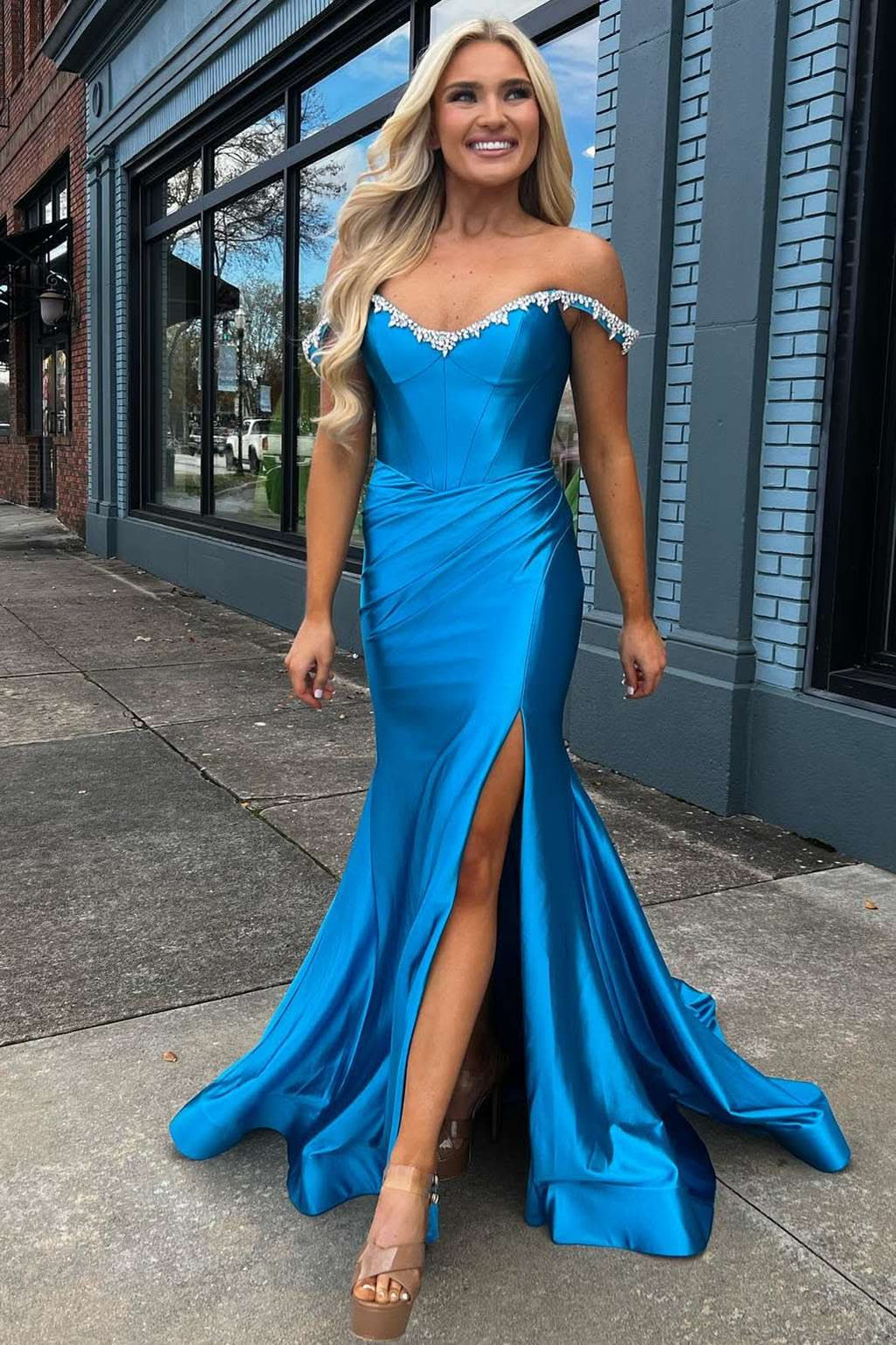 Exquisite Off-the-Shoulder Beaded Blue Mermaid Prom Dress with Slit BM bride