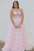 Stylish Plunging Neck Pink Sequin Tiered Prom Gown BM bride