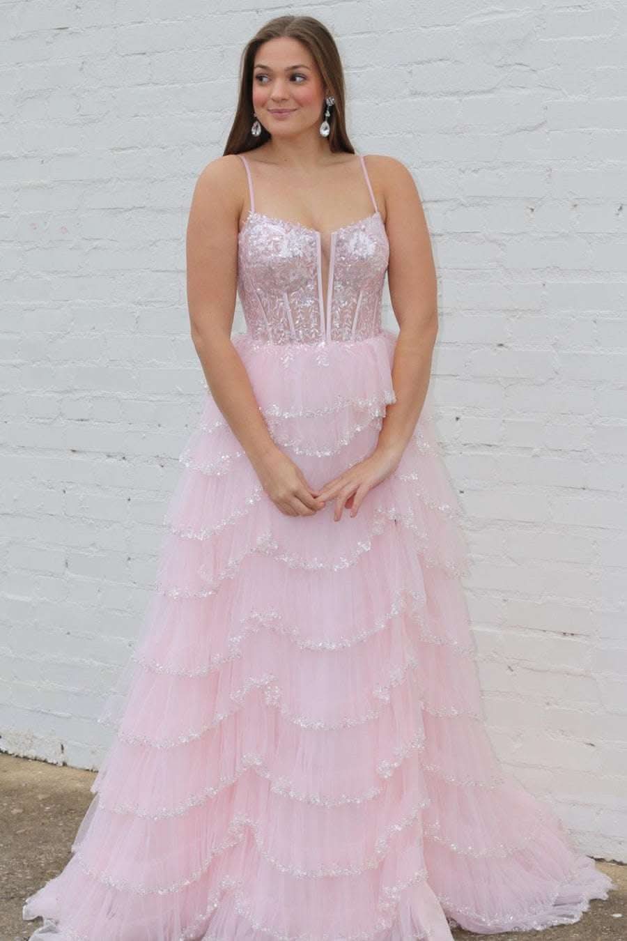 Stylish Plunging Neck Pink Sequin Tiered Prom Gown BM bride