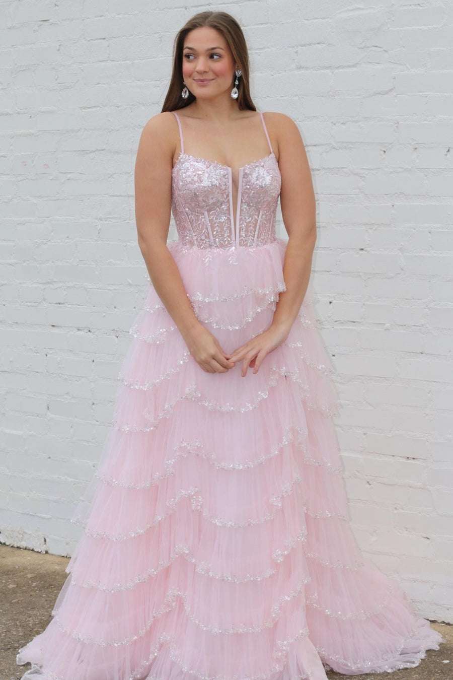 Stylish Plunging Neck Pink Sequin Tiered Prom Gown BM bride