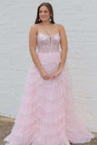 Stylish Plunging Neck Pink Sequin Tiered Prom Gown BM bride
