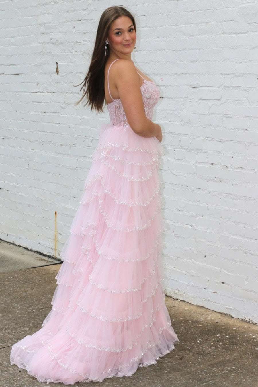 Stylish Plunging Neck Pink Sequin Tiered Prom Gown BM bride