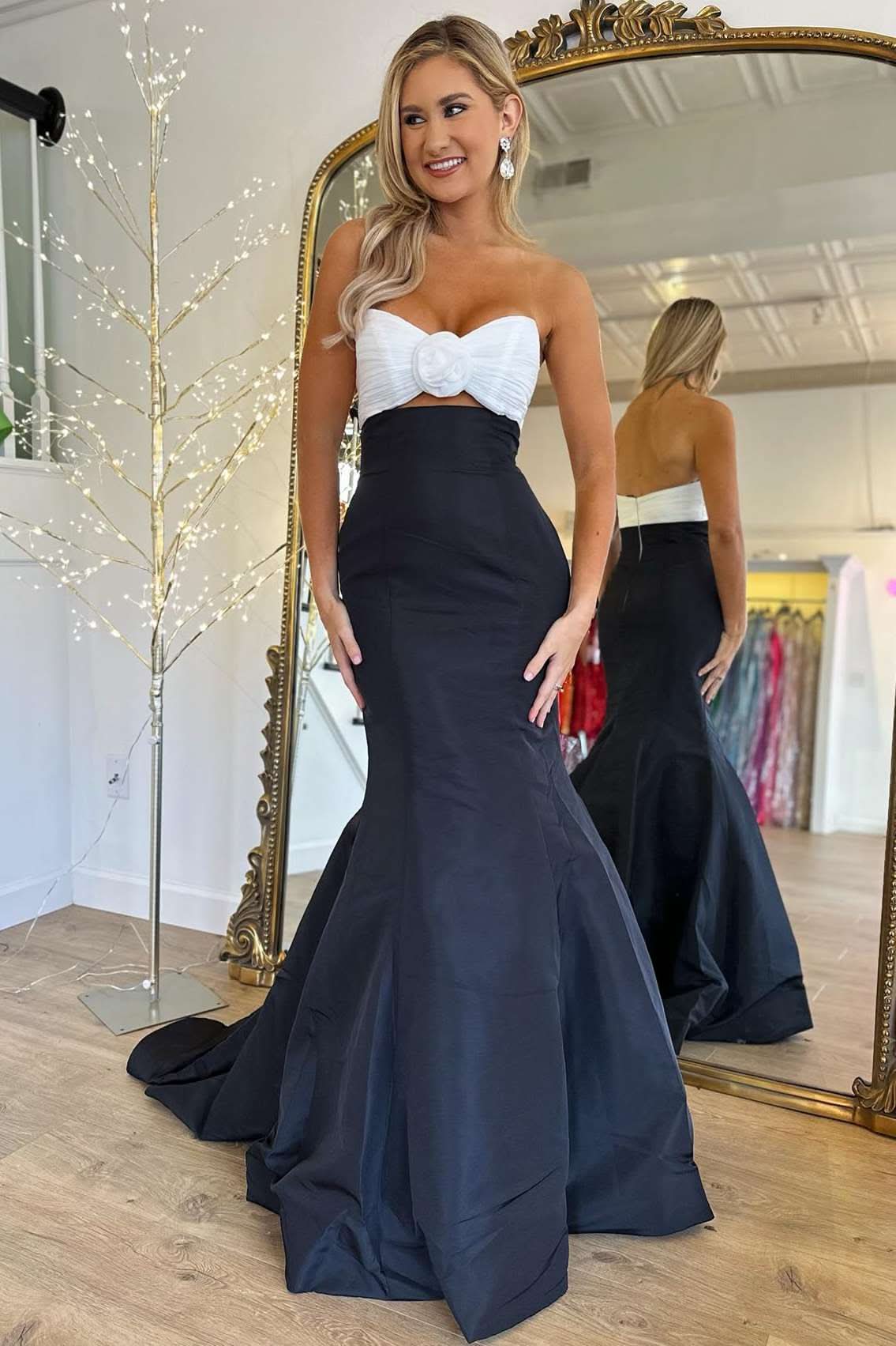 Stunning Strapless White and Black Ruched Mermaid Prom Dress BM bride