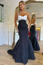 Stunning Strapless White and Black Ruched Mermaid Prom Dress BM bride
