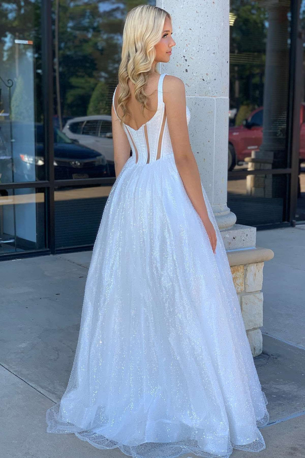 Elegant Square Neck White Sequin A-Line Prom Dress BM bride