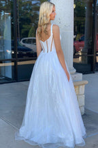 Elegant Square Neck White Sequin A-Line Prom Dress BM bride