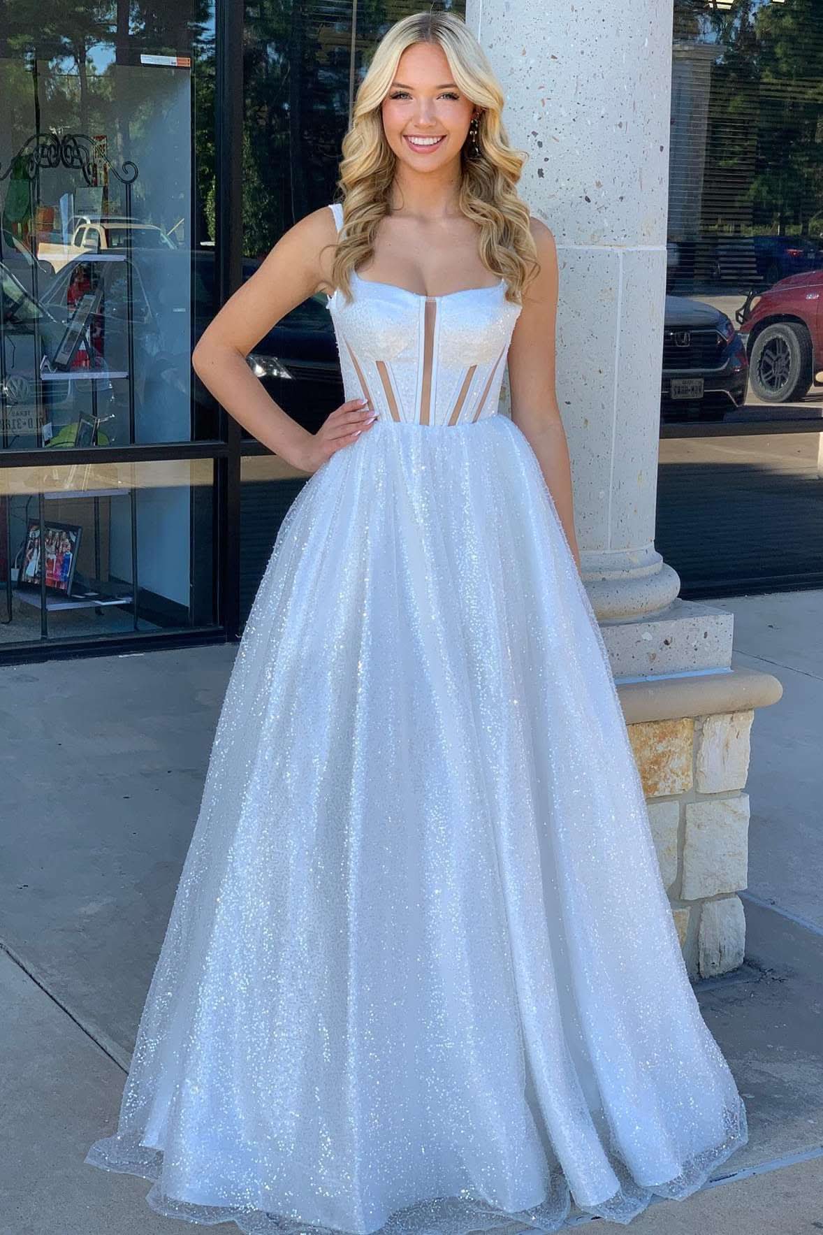Elegant Square Neck White Sequin A-Line Prom Dress BM bride