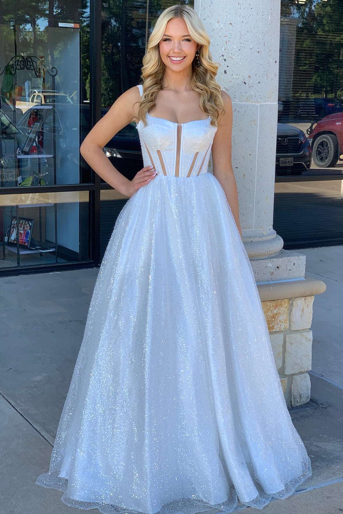 Elegant Square Neck White Sequin A-Line Prom Dress BM bride
