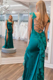 Charming Ailani Emerald Green Square Neck Ruffle Slit Prom Dress BM bride