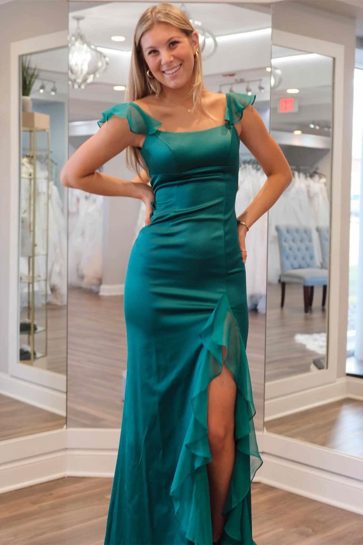 Charming Ailani Emerald Green Square Neck Ruffle Slit Prom Dress BM bride