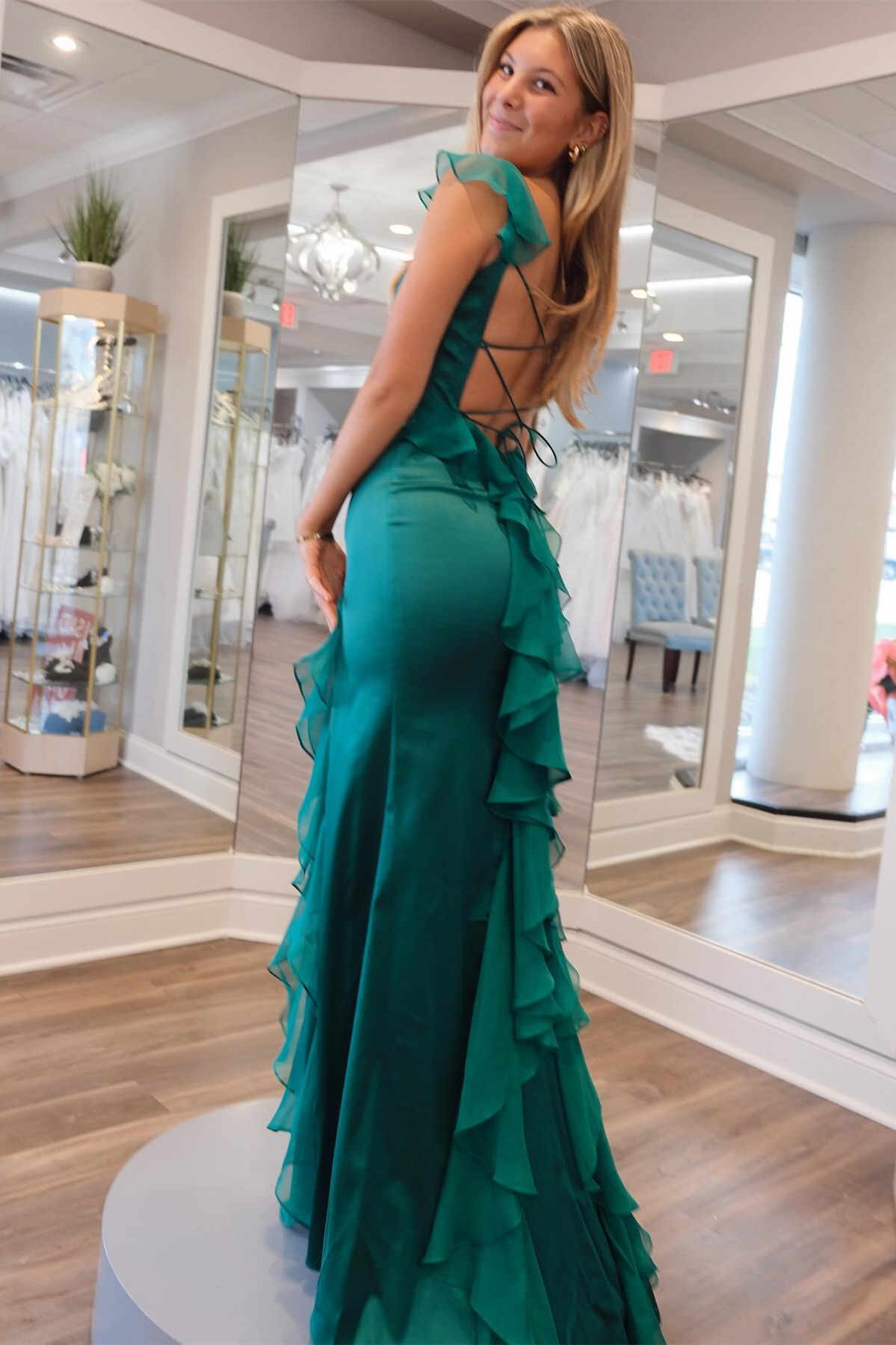 Charming Ailani Emerald Green Square Neck Ruffle Slit Prom Dress BM bride